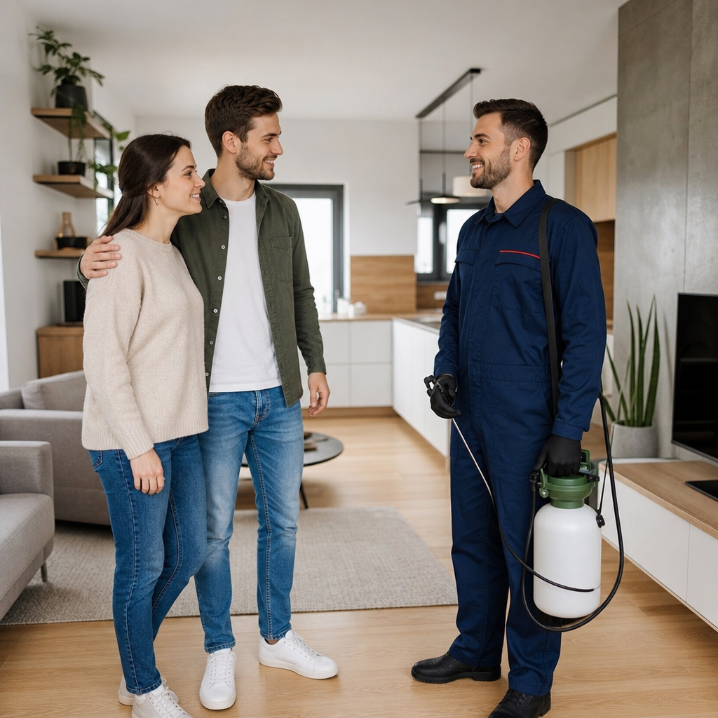 Paar in der Wohnung nach erfolgreicher Schädlingsbekämpfung